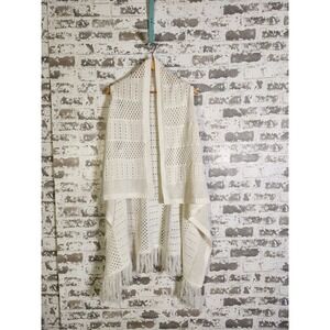 Crochet‎ Open Knit Vest Size Large White Fringe Hippie Boho Asymmetrical